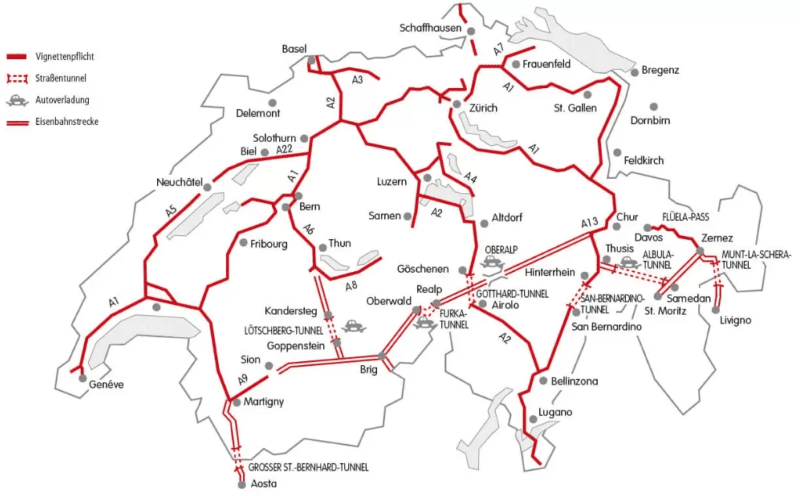Kort over schweiziske nationale veje med vignetpligt